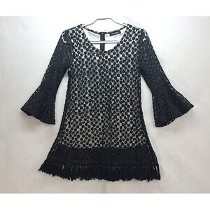 Goth Whimsigoth Mini Dress Tunic Back Lace Fringe Sheer Bell Sleeves M Dark Fae